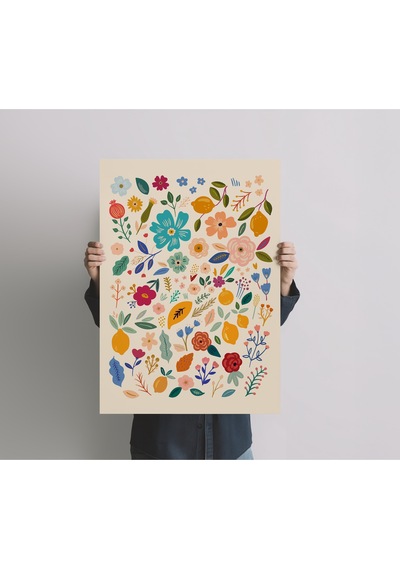 Çerçevesiz Poster Renkli Bitki Ve Çiçek Temalı Dijital Baskı Poster,krem Rengiev, Ofis, Salon