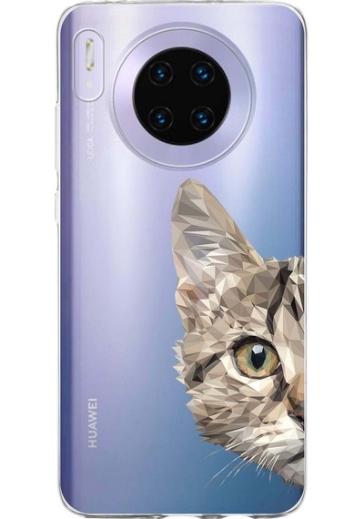 Huawei Mate 30 Uyumlu Kapak Catface Tasarımlı Şeffaf Silikon Kılıf Şeffaf