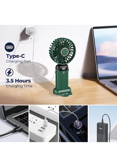 Taşınabilir Usb Vantilatör, 4200mah Şarjlı El Tipi Fan, Led Ekranlı, 3'ü 1 Arada El/boyun/masa