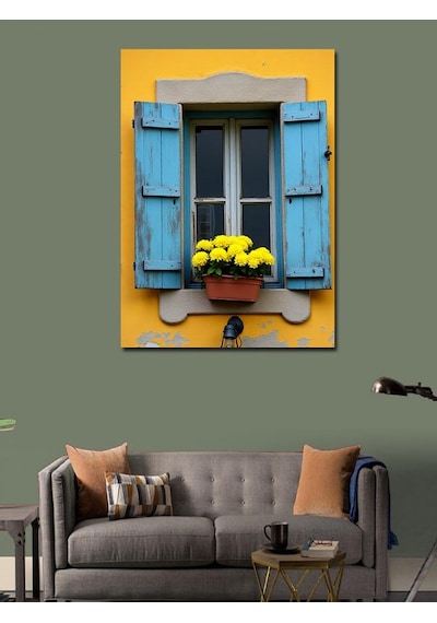 Kanvas Tablo Mavi Panjurlu Sarı Ev 70cmx100cm