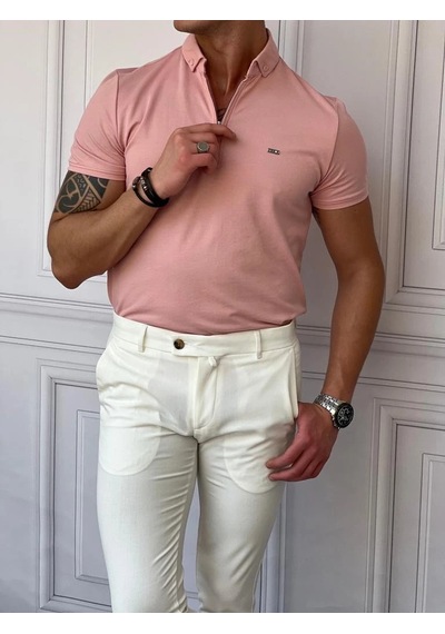 Modefendi Pamuk Likra Slim Fit Kalıp Bebe Yaka Fermuarlı Tshirt Pembe