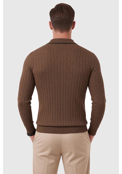 Deepsea Erkek Slim Fit Tüylenmeyen Çizgi Dokulu Kahve Triko Kazak Fermuarlı Polo Yaka 2700401 Deepsea Erkek Slim Fit Tüylenmeyen Çizgi Dokulu Kahve Triko Kazak Fermuarlı Polo Yaka 2700401