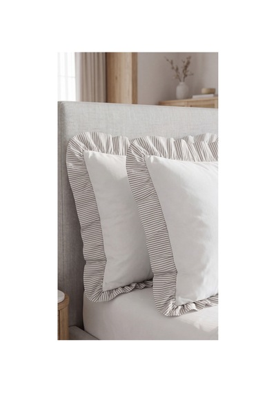 2'li Pamuklu Kumaş Çizgili Fırfırlı Yastık Kılıfı50x70 Cm Kahverengi - 905308848 Kahverengi