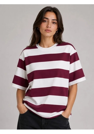 Efnaz Style Çizgili Oversize Tişört Bisiklet Yaka Kısa Kol Yazlık T-shirt - Bordo