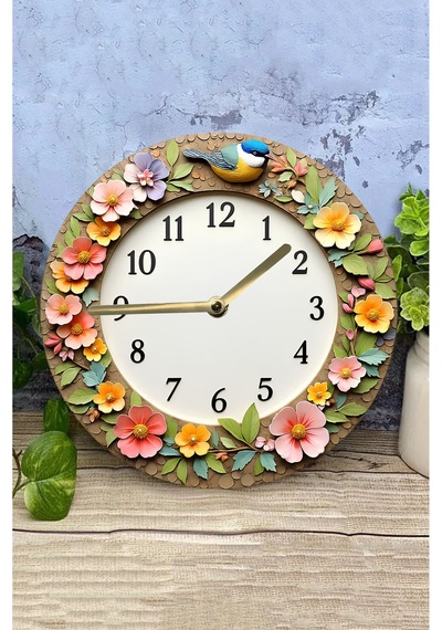 Çiçek Ve Kuş Temalı 3d Görünümlü Mdf Duvar Saati 33 Cm Sdw274 Renkli