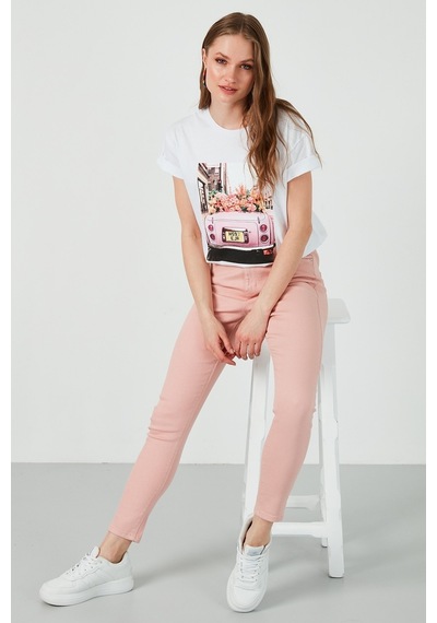 Unisex Örme Oversize Pink Woswos Basklı Beyaz T-shirt. Beyaz