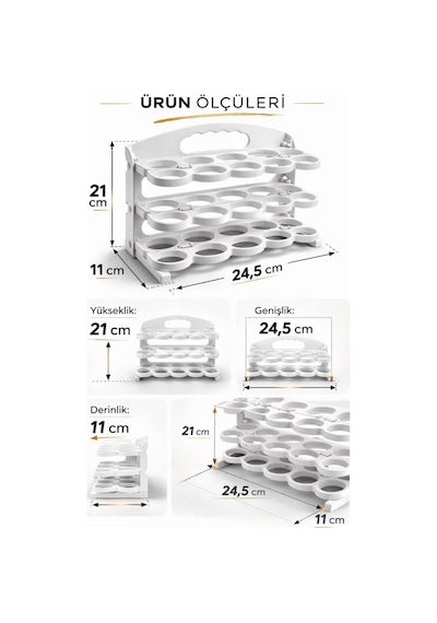 3 Katlı Yumurta Rafı 30 Bölmeli Buzdolabı Düzenleyici Raf Tezgah Ve Dolap İçi Organizer 24,5x17x21cm Beyaz