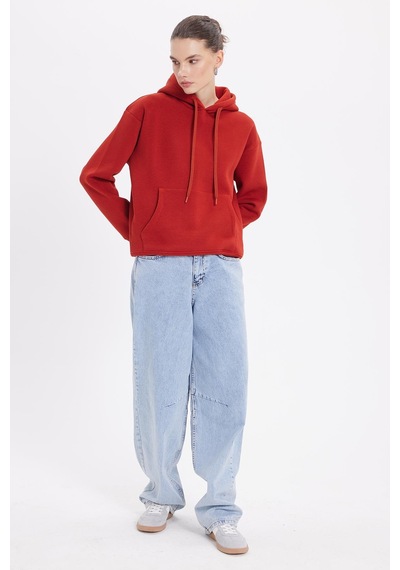 Tudors Kadın Oversize Geniş Kesim Pamuklu Yumuşak Dokulu İçi Polarlı Basic Kiremit Kapüşonlu Sweatshirt-37906 Kiremit