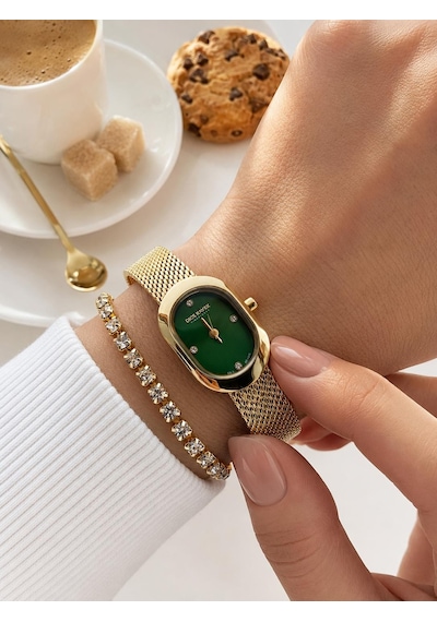Dice Kayek Oval Mini Vintage Kasa Kadın Kol Saati Çelik Kordon 5 Atm Suya Dayanıklı+bileklik Dc.29 Sarı