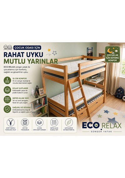 Eco Relax 10 Cm Sünger Yatak Yer Yatağı, Misafir Yatağı Ve Ranza Uyumlu Fermuarlı Yıkanabilir Kılıf 24 Dns Orta Sert Sünger Tek Kişilik