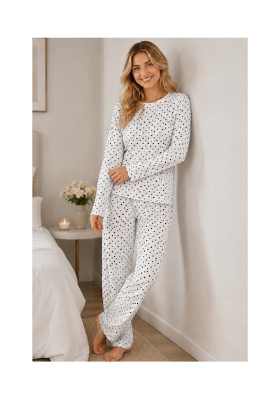 Fit Women Kadın Kalpli Uzun Kol Rahat Pijama Takımı 4673 Beyaz