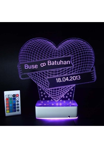 Sevgiliye Hediye Kalp & Isim & Tarih 3D Led Tasarım Lamba