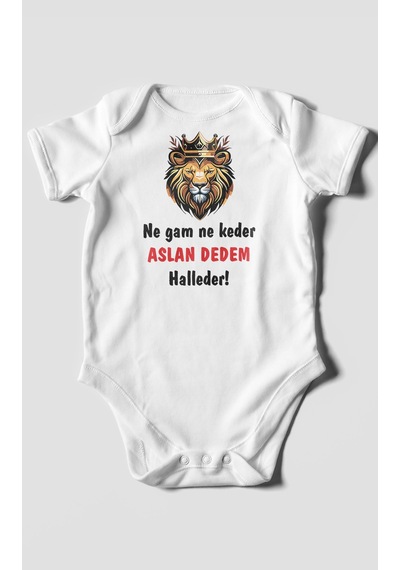 Ne Gam Ne Keder Aslan Dedem Halleder Baskılı Bebek Zıbını Çıtçıtlı Body %100 Pamuk Kısa Kol Beyaz