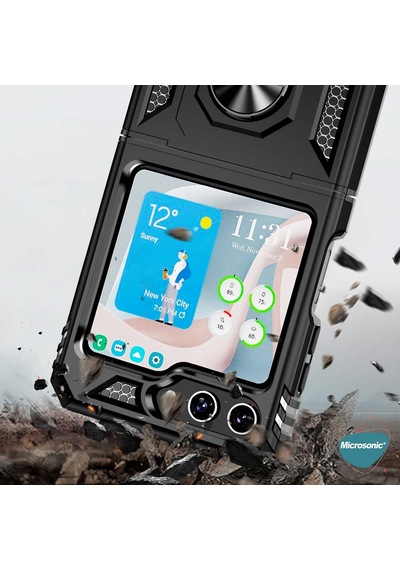 Microsonic Samsung Galaxy Uyumlu Z Flip 7 Fe Kılıf Military Ring Holder Siyah -