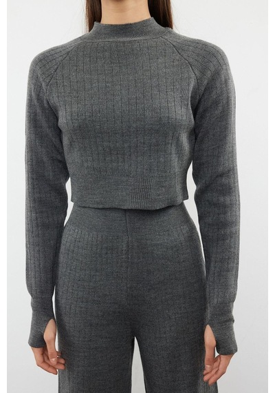 Ersefa Tarz Kadın Modern Moda Normal Bel Boru Paça Dik Yaka Crop Parmak Antrasit