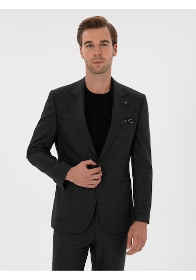 Cacharel Antrasit Slim Fit Mikro Desenli Mono Yaka Yün Karışımlı Takım Elbise Gri