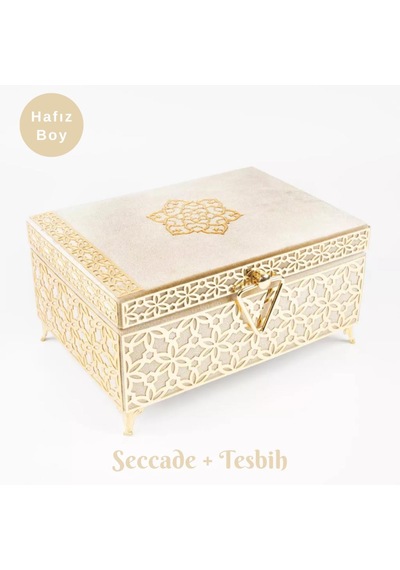Desenli Kutu Çeyizlik, Seccade + Tesbih + Kuran Hediye Seti Hafız Boy, Kadife, Vizon, Elif-vav Vizon