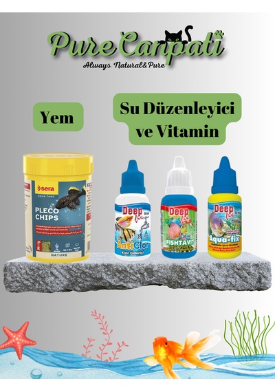 Purecanpati Dip Balıkları Akvaryum Bakım Seti Pleco Chips Yemi + Balık Vitamini + Klor Giderici + Su Düzenleyici