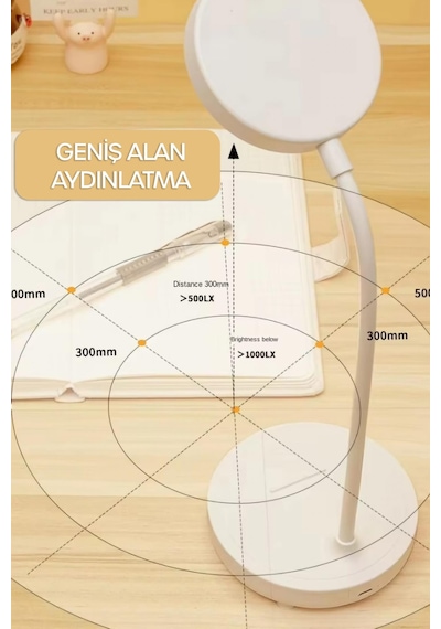 Şarjlı Masa Lambası Işık Ayarlanabilir Telefon Tutuculu Ders Çalışma Okuma Işığı Beyaz Işık 0644 Beyaz