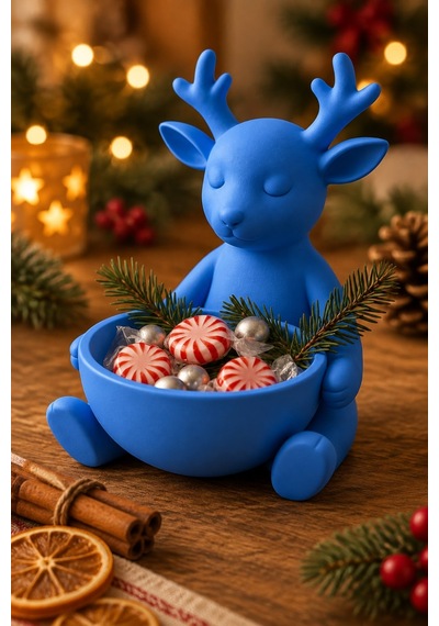 Ren Geyiği Figürlü Çok Amaçlı Kase Noel Sunum Kabı Mavi