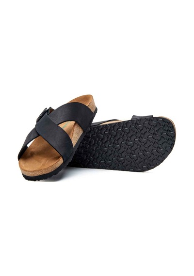Comfortfusse Cross - Erkek Ortopedik Hakiki Deri Çift Bantlı Terlik Siyah Nubuk Deri