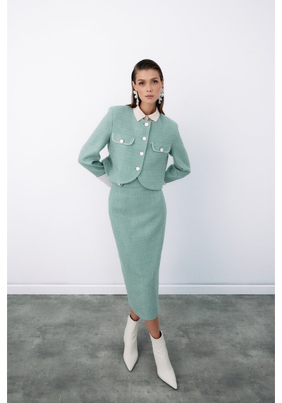 Sateen Süs Düğmeli Tüvit Kalem Etek - Mint-135079 Mint