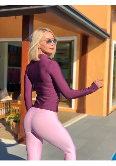 Lismina Mürdüm Rengi Parmağa Geçmeli Fermuarlı Uzun Kol Spor Bluz Mürdüm