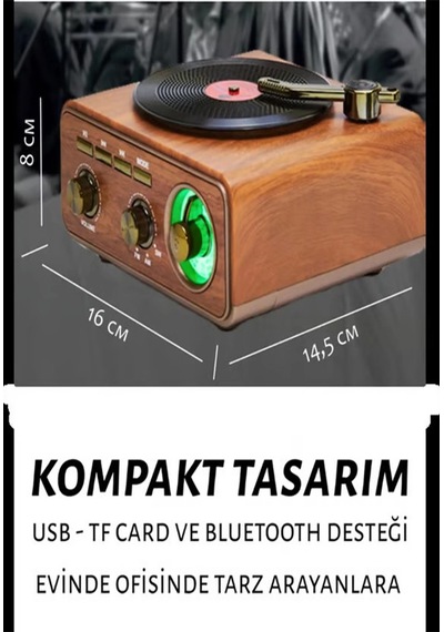 Nostaljik Tasarım Plak Çalar Görünümlü Radyolu Bluetooth Hop