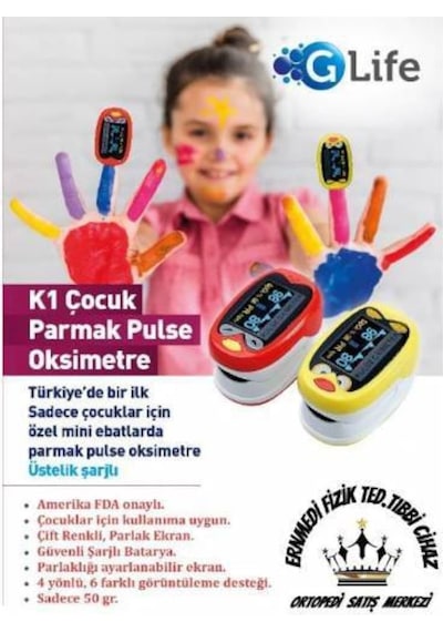 Glife K1 Pulse Oksimetre Çocuk. Pediatrik Parmak Tipi. Oled