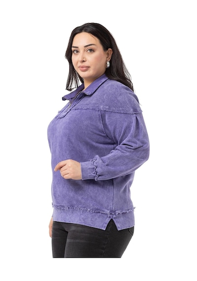 Büyük Beden Pis Dikişli Fermuarlı Yırtmaçlı Parça Boyalı Mor Sweatshirt-mor Mor