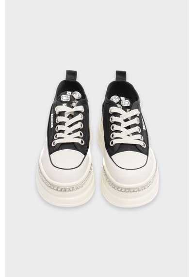 Derinet Yüksek Taban Bağcıklı Fileli Günlük Kadın Sneaker Siyah Siyah