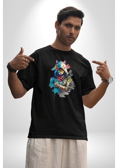 Kedi Assassin's Creed Pamuklu Bisiklet Yaka Unisex Oversize Boyfriend Dijital Baskılı Siyah T-shirt Siyah