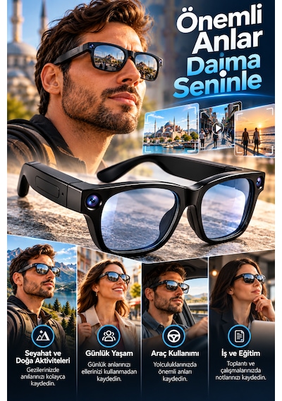 Kameralı Akıllı Gözlük Bluetooth Wifi Bağlantılı Fotoğraf Video Ve Ses Kayıtlı Yapay Zeka Destekli Cy03