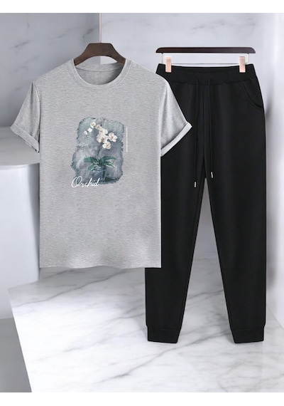 Uyguntarz Unisex Saksı Tasarım Basklı Tshirt Eşofman Takımı Gri
