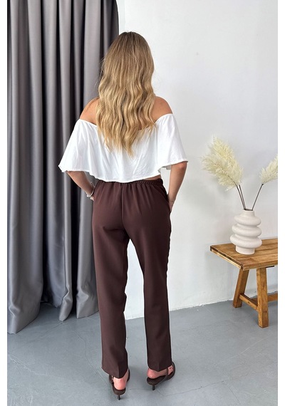 Giysa Kadın Beli Lastikli Çift Cepli Havuç Kesim Pantolon Kahverengi - 3229