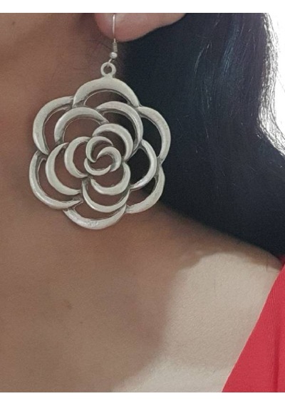 Gümüş Kaplama Antik Çelik Kadın Gül Objeli Yuvarlak Halka Küpe