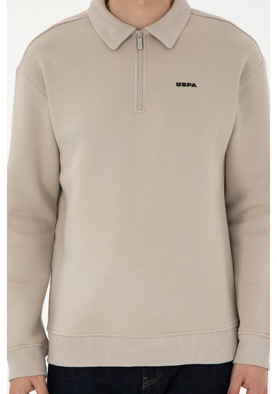 U.S. Polo Assn. Erkek Comfort Fit Yarım Fermuarlı Taş Basic Sweatshirt 50298265-VR049