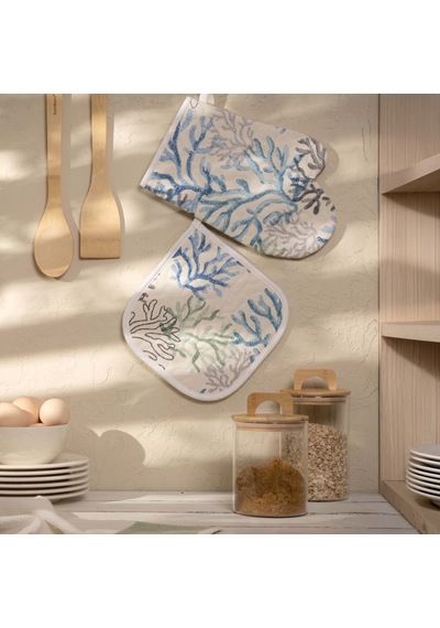 Soft Mercan Fırın Eldiveni Ve Tutaç Set - Ekru - 17x28 Cm + 20x20 Cm Çok Renkli