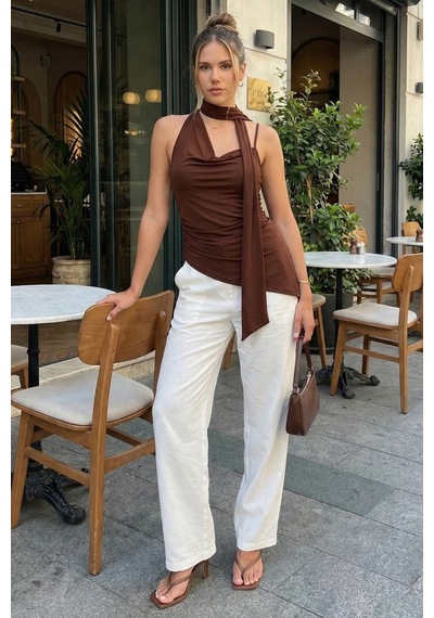 Madmext Kahverengi Degaje Yaka Atkılı Şık Kadın Bluz Mg2650