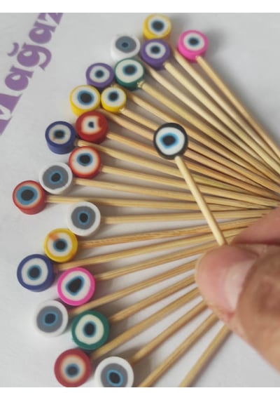 100 Adet Dekoratif Renkli Fimo Nazar Boncuklu Sunum Kürdanı 6,5 Cm - Nazarboncuklu Pasta Kürdanı