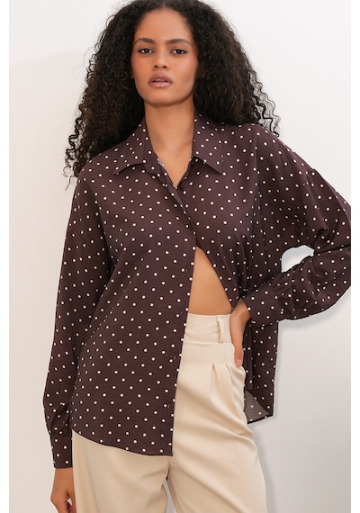 Bigdart Kadın Oversize Puantiyeli Gömlek 20392 - Kahverengi