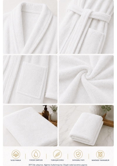 3 Parça Tek Kişilik Banyo Bornoz Ve Havlu Seti %100 Pamuk Serena Collection Beyaz