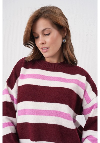 Park Karon Kadın Kemik Bisiklet Yaka Çizgili Oversize Triko Kazak 8655sw Bordo
