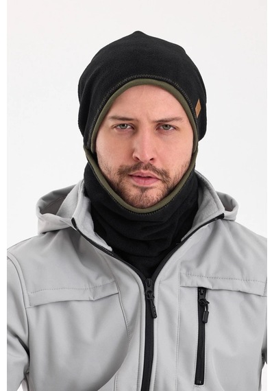 Erkek Polar Dış Kaşkorse Pamuklu İç Kısım Çift Renk Çift Katman Katlanabilir Bere Boyunluk Takım - Standart / Siyah-haki Siyah-haki