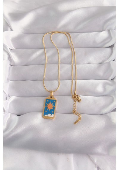 316l Çelik Gold Renk Mavi Mineli Güneş Model Tarot Kolye Altin