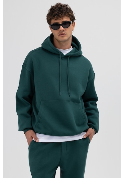 Vamos Basic Oversize Kapüşonlu Sweatshirt Nefti Yeşil
