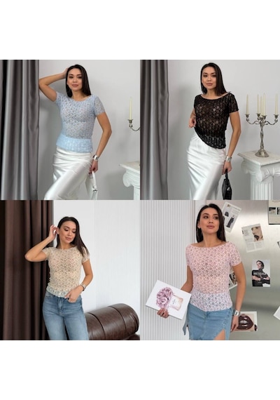 Elaxi Kadın Kayık Yaka Kısa Kollu Dantel Bluz Pembe
