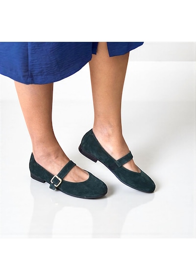 Ne&ve Shoes Koyu Yeşil Süet Hakiki Deri Yuvarlak Burunlu Tokalı Kadın Babet