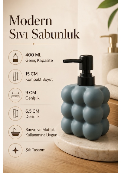 Modern Bubble Sıvı Sabunluk 400 Ml Siyah Pompalı Kabarcık Desenli Banyo Ve Mutfak Tezgâh Üstü Dispenser - 15 Cm X 9 Cm X 6,5 Cm Füme