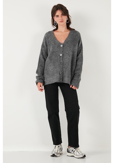 Lela Oversize Fit Düğmeli V Yaka Uzun Kollu Triko Bayan Hırka 4616232 Antrasit